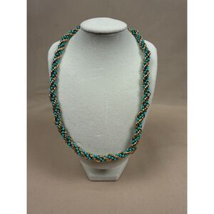 Vintage Signed Avon Gold Tone Woven Rope & Turquoise Bead Collar Necklace